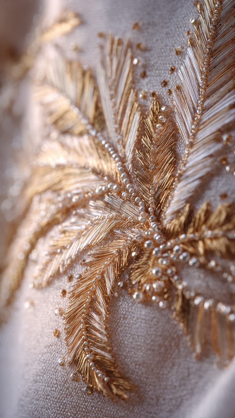 Luxury couture hand embroidery detail — gold thread and beading on silk for fine jewelry and watches