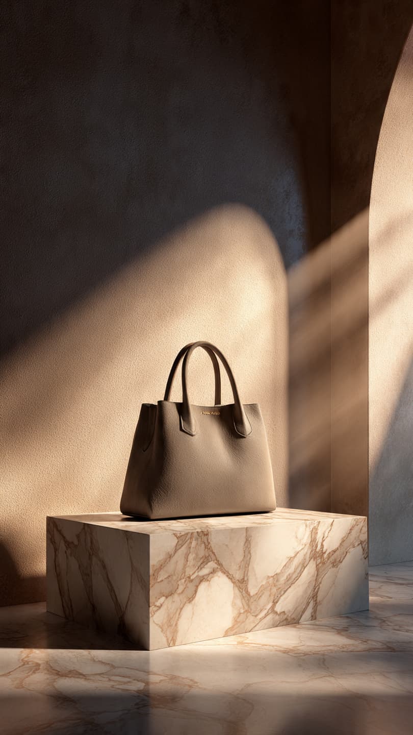 Luxury structured leather handbag on marble pedestal — editorial product photography with geometric shadows
