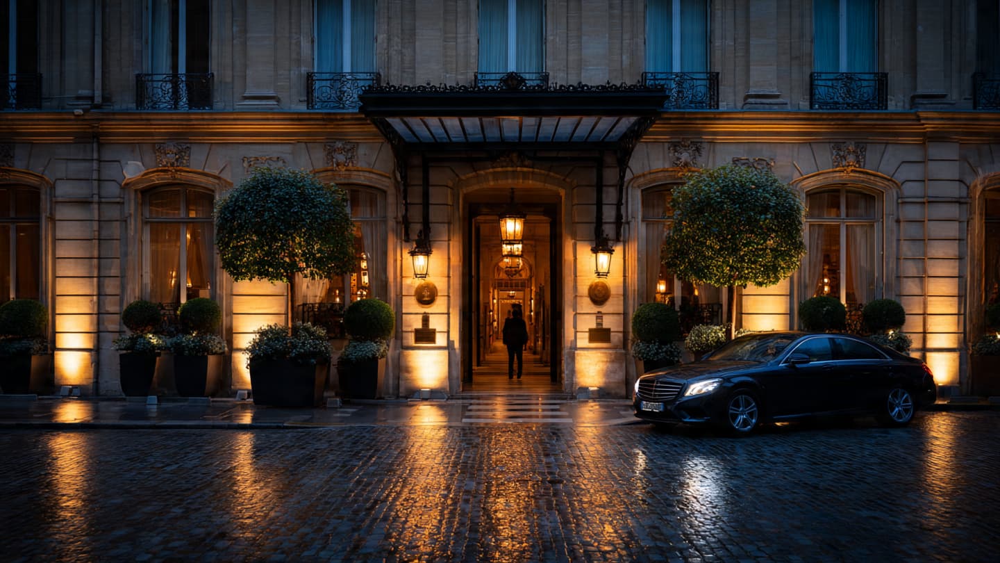 Luxury hotel porte-cochère entrance at dusk with wet cobblestone