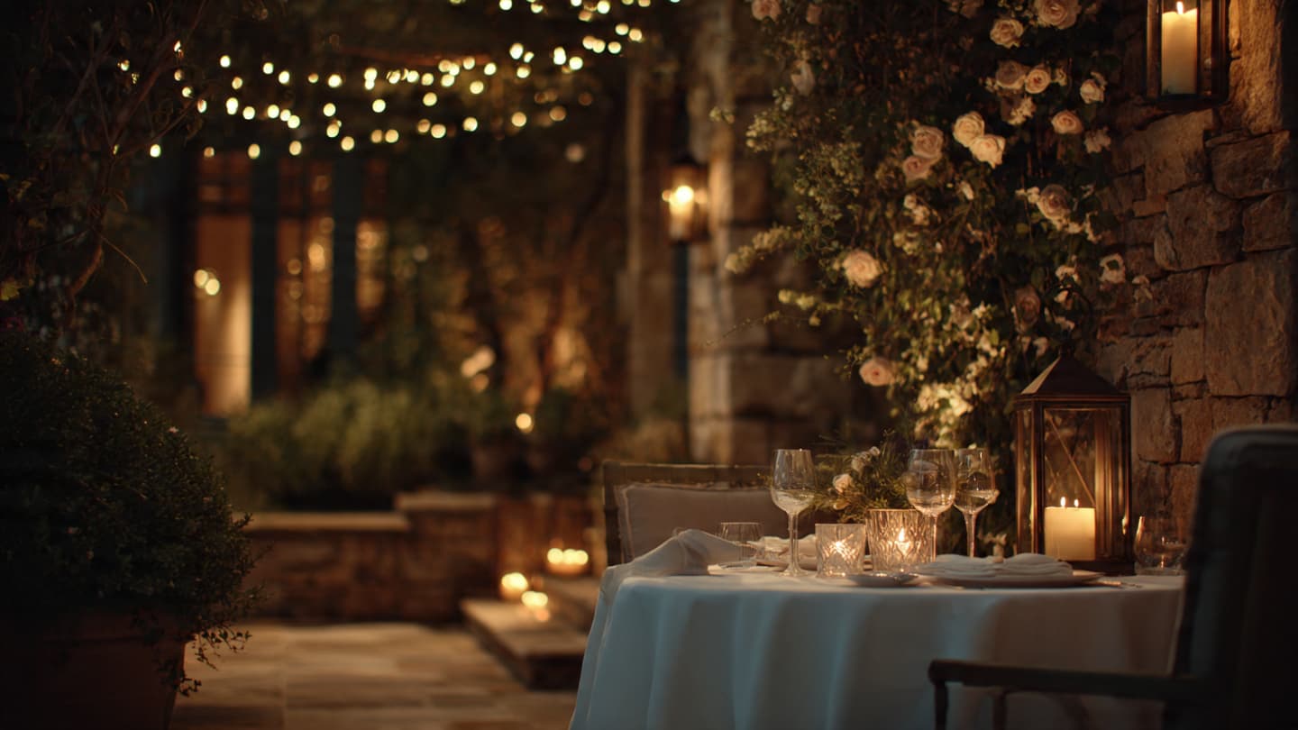 Intimate outdoor fine dining at a luxury hotel courtyard at twilight