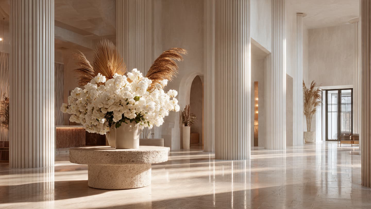 Luxury hotel lobby with marble columns and floral arrangement at golden hour