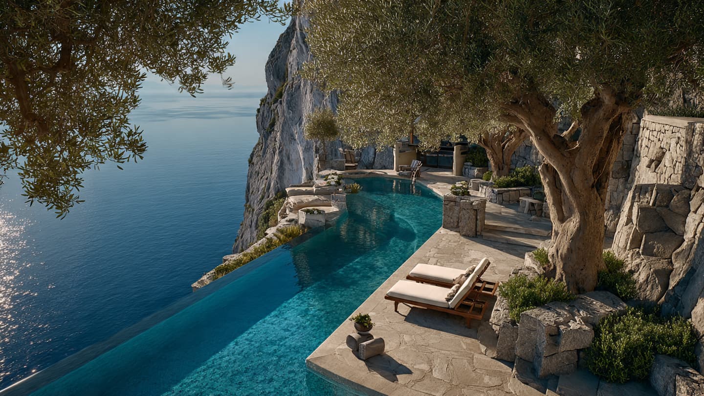 Infinity pool overlooking Mediterranean cliffside at golden hour