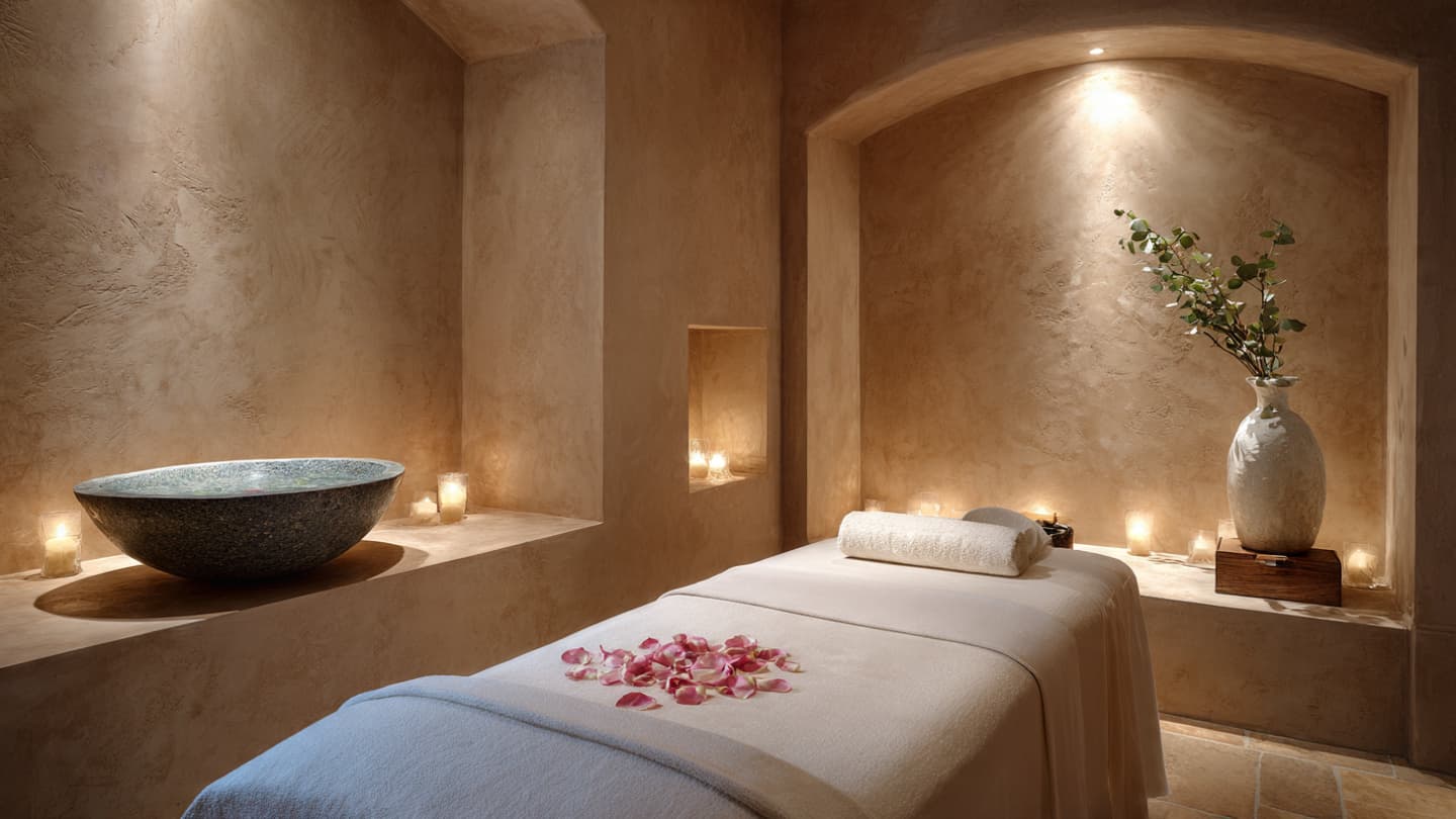 Luxury spa treatment room with candlelight and Venetian plaster walls