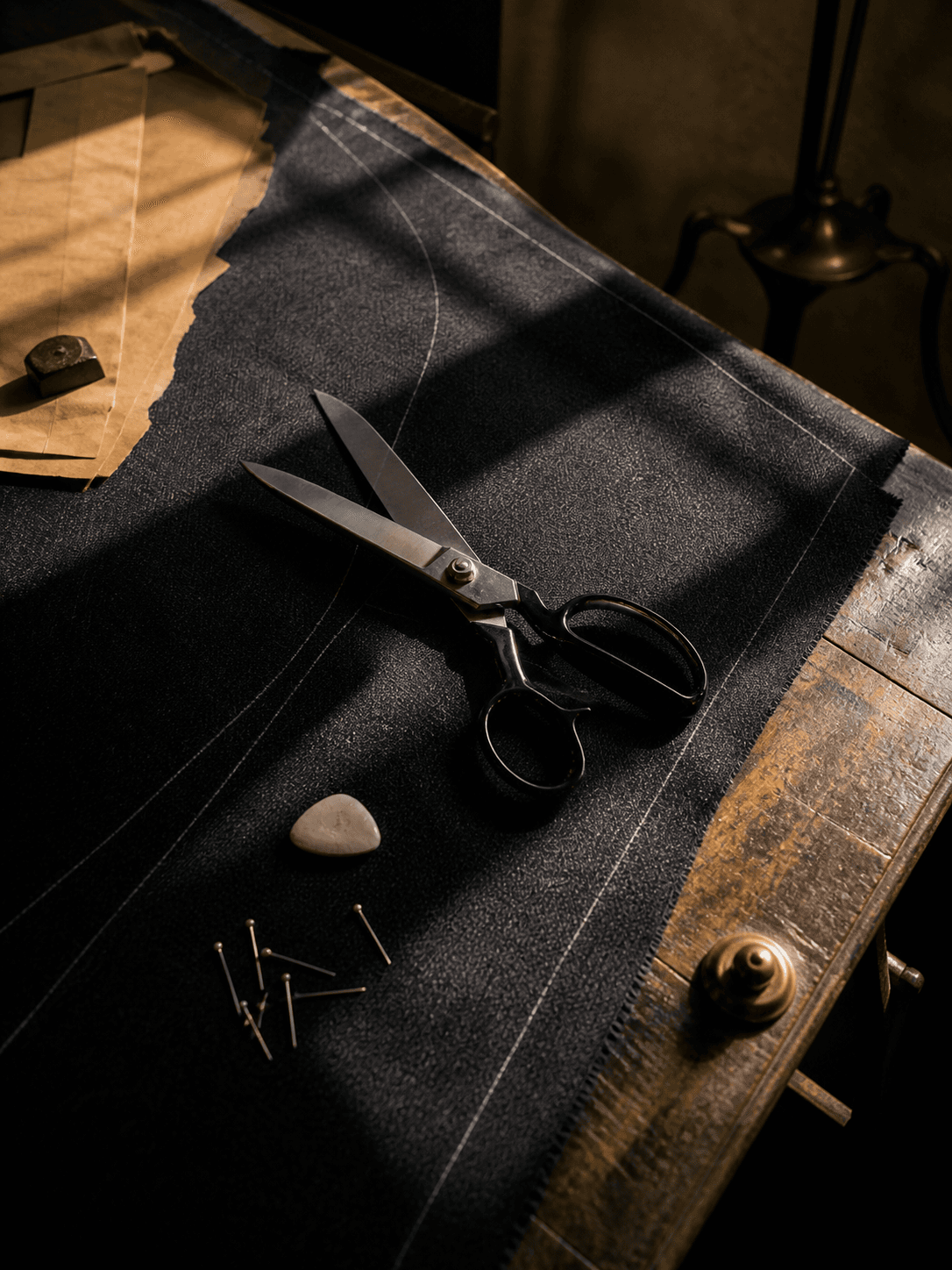 Tailor's cutting table with charcoal wool, steel shears, and chalk — the discipline of craft before the first cut