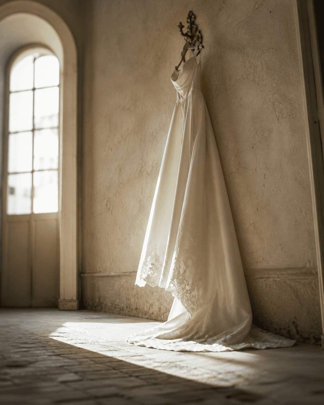 Ivory silk wedding gown on antique brass hook against limewashed plaster wall, late afternoon light, Provence estate interior