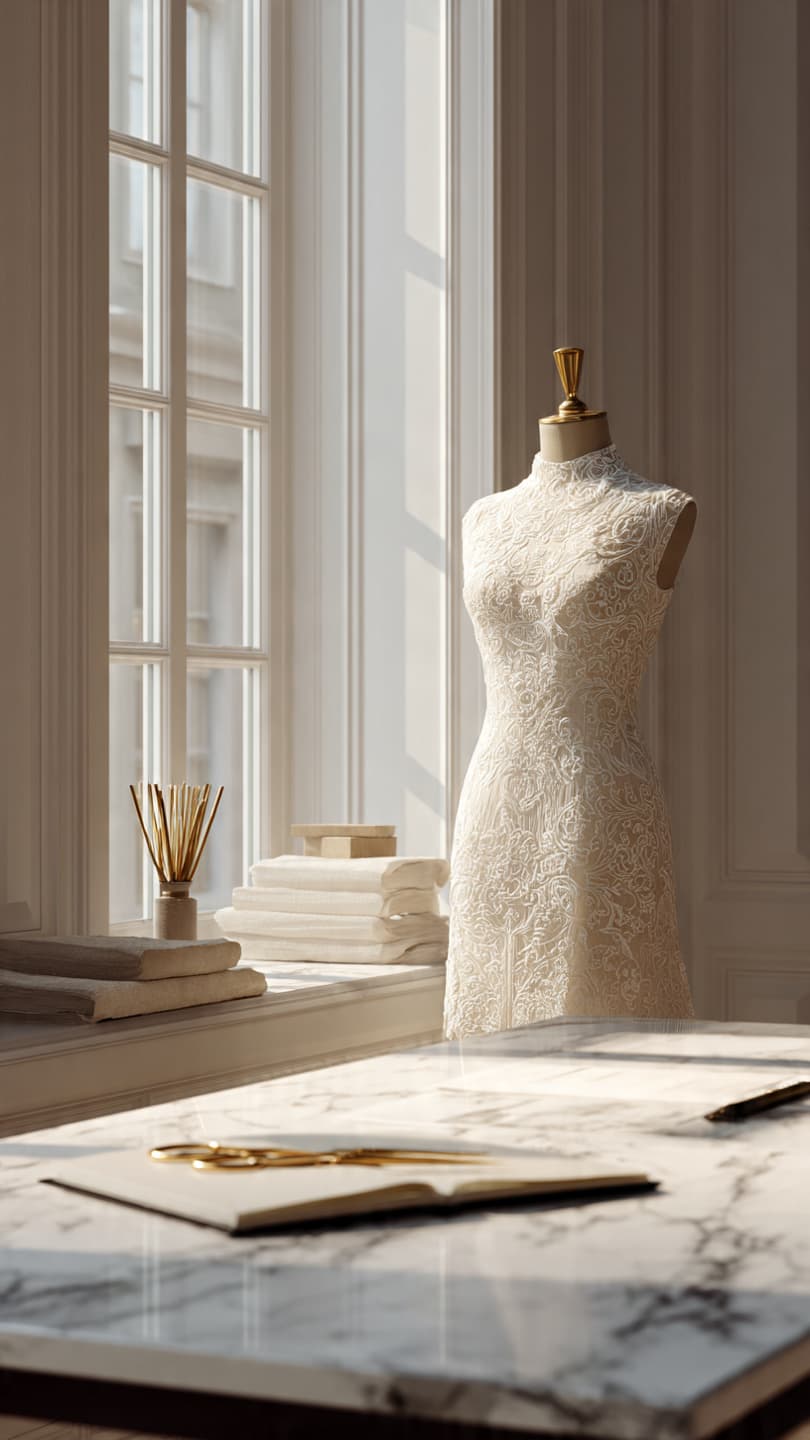 Luxury bridal atelier interior — couture wedding gown on mannequin with lace detail and marble workstation