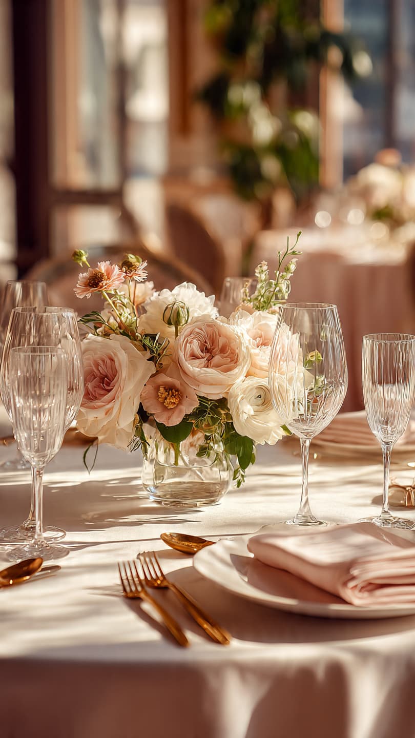 Luxury wedding reception tablescape — crystal glassware, blush florals, and gold flatware styling
