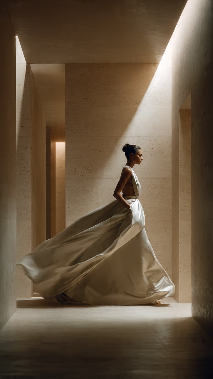 Haute couture runway editorial — silk gown in motion with sculptural lighting